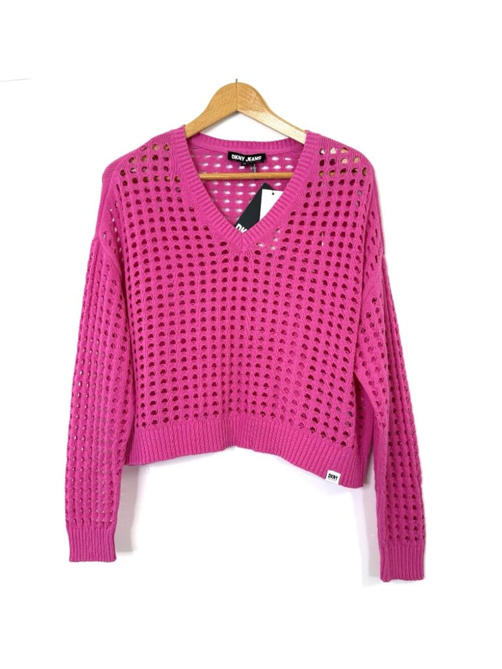 DKNY Pullover V Neck Long Sleeve Open Weave Cropped Sweater Womens size XXS Pink